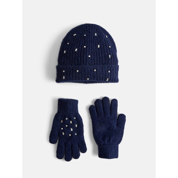 Free Assembly Women's Embellished Beanie Hat and Gloves Set, 2-Piece, Navy