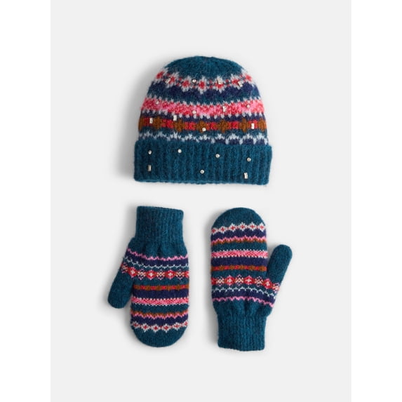 Free Assembly Women's Embellished Beanie Hat and Mittens Set, 2-Piece, Dark Blue