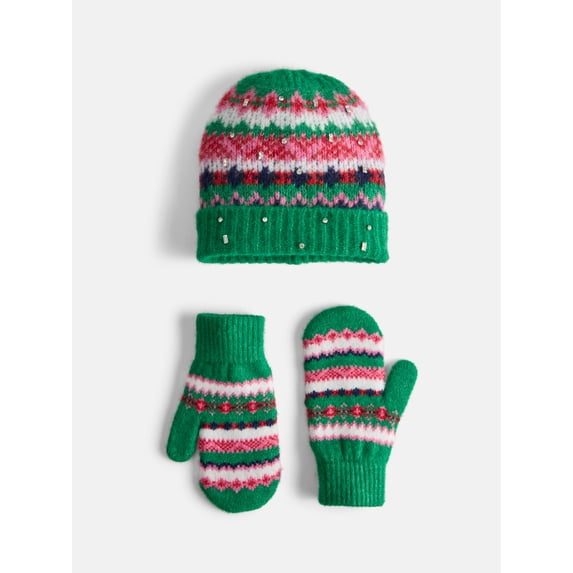 Free Assembly Women's Embellished Beanie Hat and Mittens Set, 2-Piece, Green