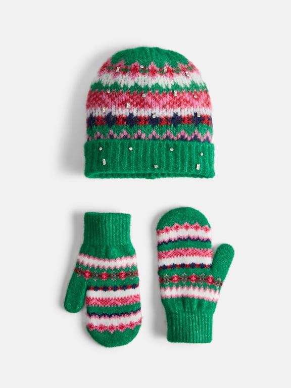 Women's Embellished Beanie Hat and Mittens Set, 2-Piece, Green