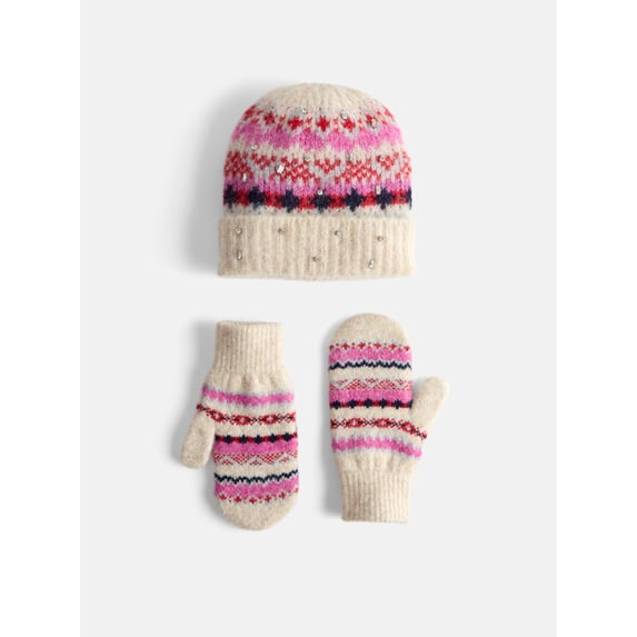 Free Assembly Women's Embellished Beanie Hat and Mittens Set, 2-Piece, Oatmeal