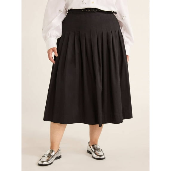 Free Assembly Women's Belted Cotton Pleated Midi Skirt, Sizes XS-4X