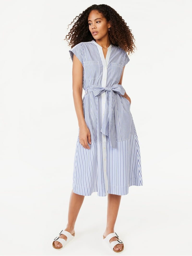 knee length dresses for ladies Long Sleeve Faux Wrap Midi Shirt Dress by Badgley Mischka main image 1