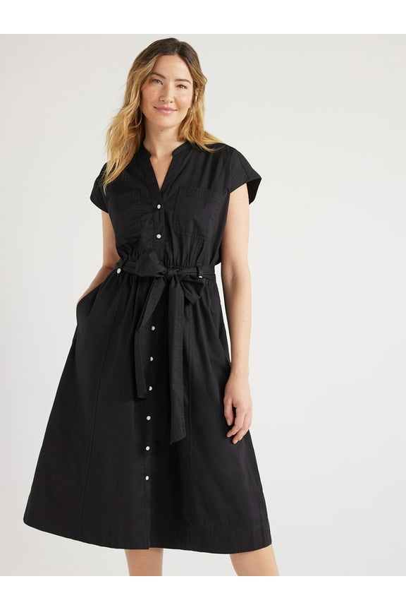 Women's Belted Utility Cotton Midi Shirtdress, Sizes XS-XXL