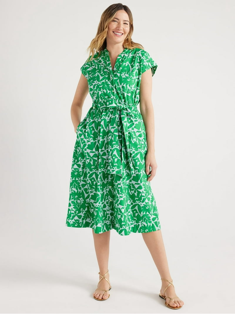 Free Assembly Women's Belted Utility Cotton Midi Shirtdress, Sizes