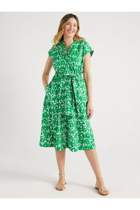 Women's Belted Utility Cotton Midi Shirtdress, Sizes XS-XXL