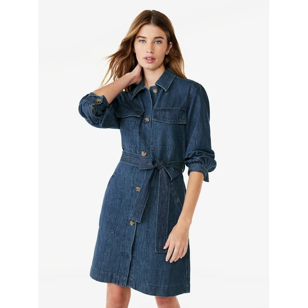 Free Assembly Women's Belted Utility Mini Dress with Long Sleeves
