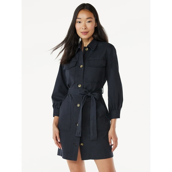 Free Assembly Women's Belted Utility Mini Dress with Long Sleeves, Sizes XS-XXL