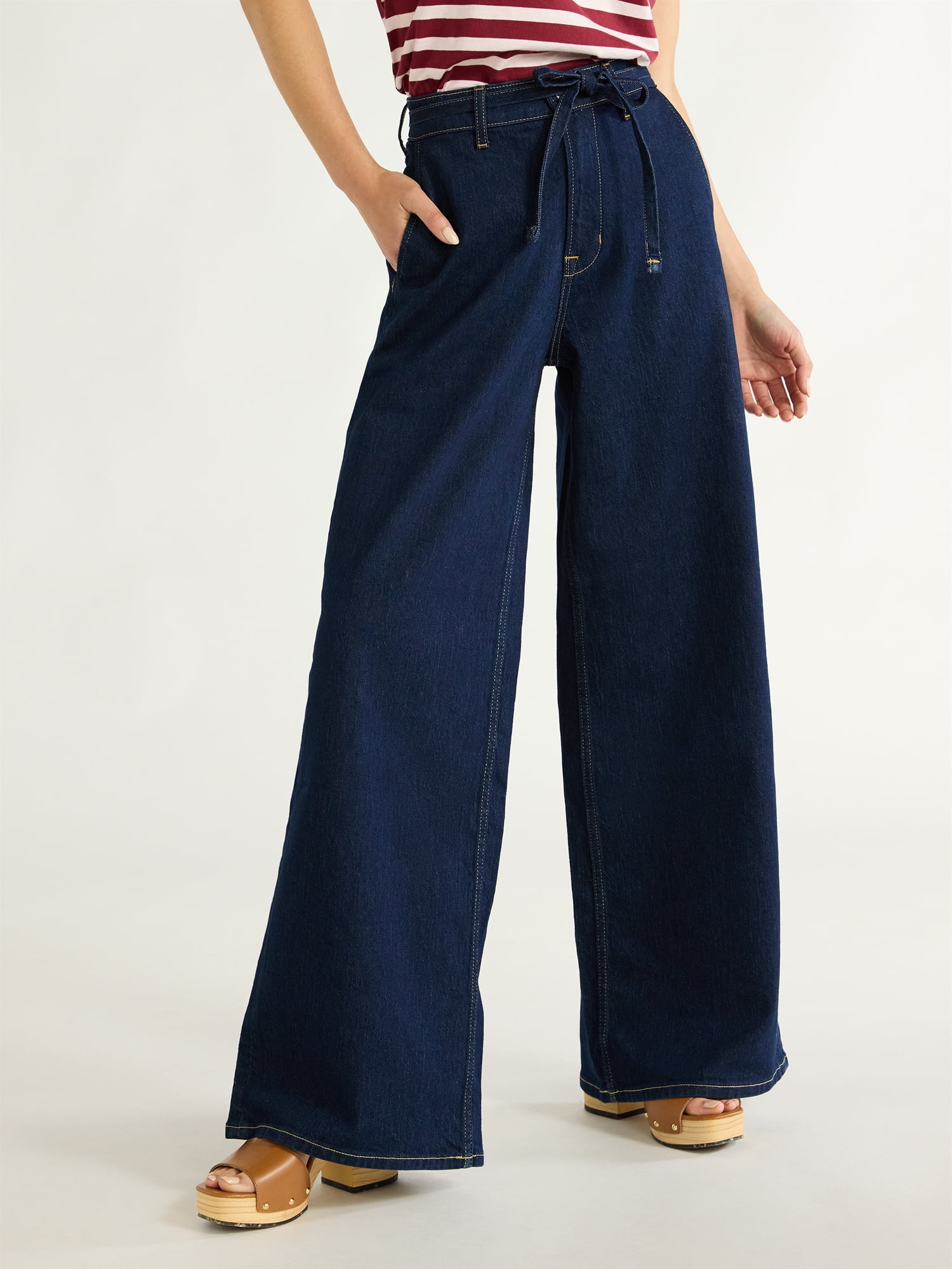 【BAON】Renter Belt Denim Wide Pants Free Assembly Women's Wide Leg Trouser Jeans with Belt, Mid