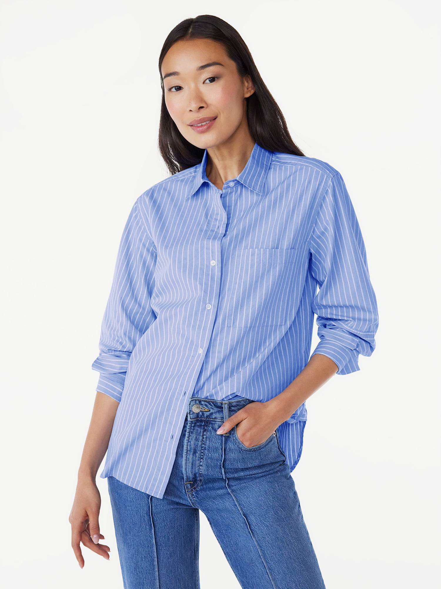 Free Assembly Women's ButtonDown Boxy Tunic Shirt with Long Sleeves
