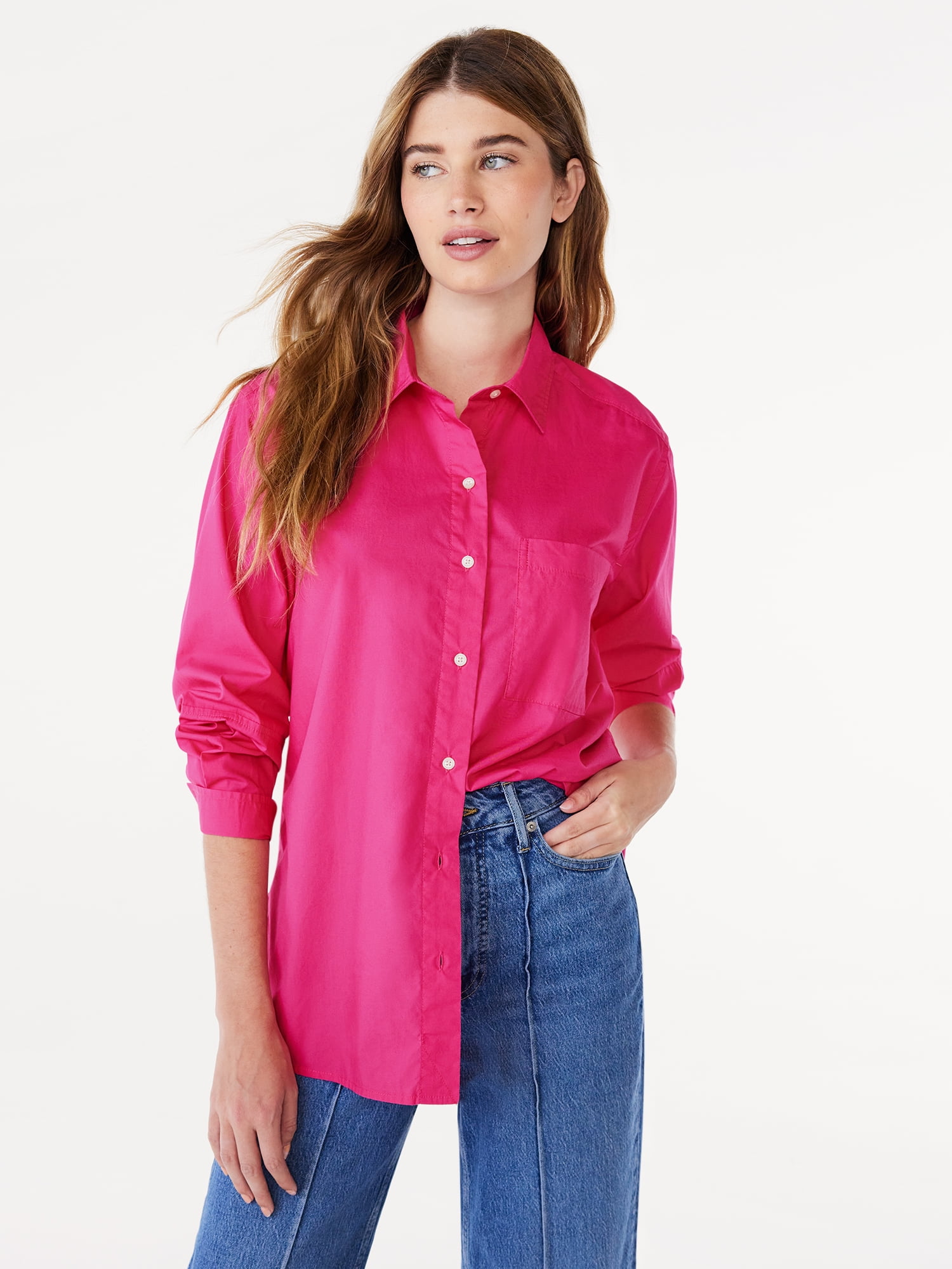 Free Assembly Women's ButtonDown Boxy Tunic Shirt with Long Sleeves