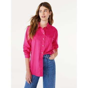 Free Assembly Women's Button-Down Boxy Tunic Shirt with Long Sleeves, Sizes XS-XXXL