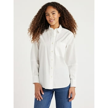 Free Assembly Women's Button Front Boxy Tunic Shirt with Long Sleeves, Sizes XS-XXL