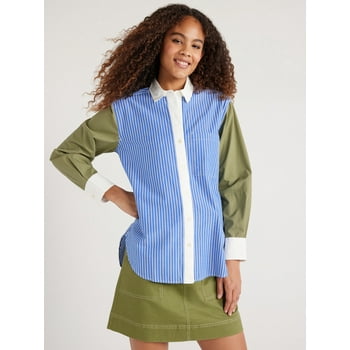 Free Assembly Women's Button Front Boxy Tunic Shirt with Long Sleeves, Sizes XS-XXL