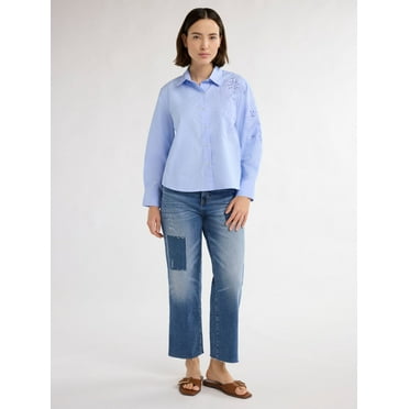 Free Assembly Women’s Button Front Cotton Embroidered Shirt with Long Sleeves, Sizes S-XXXL