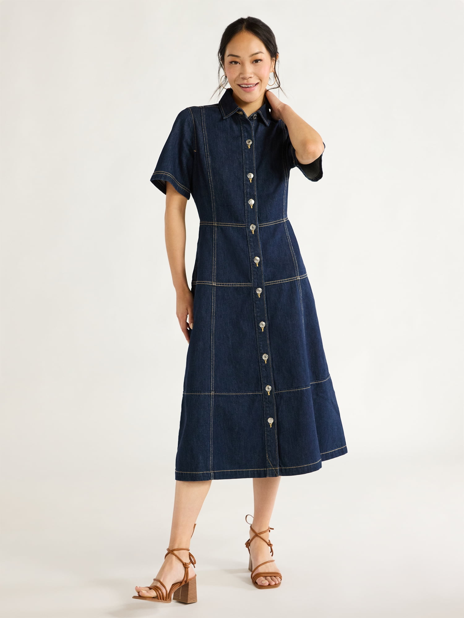 Free Assembly Women's Button Front Cotton Midi Dress with Short Sleeves, XS-XXL