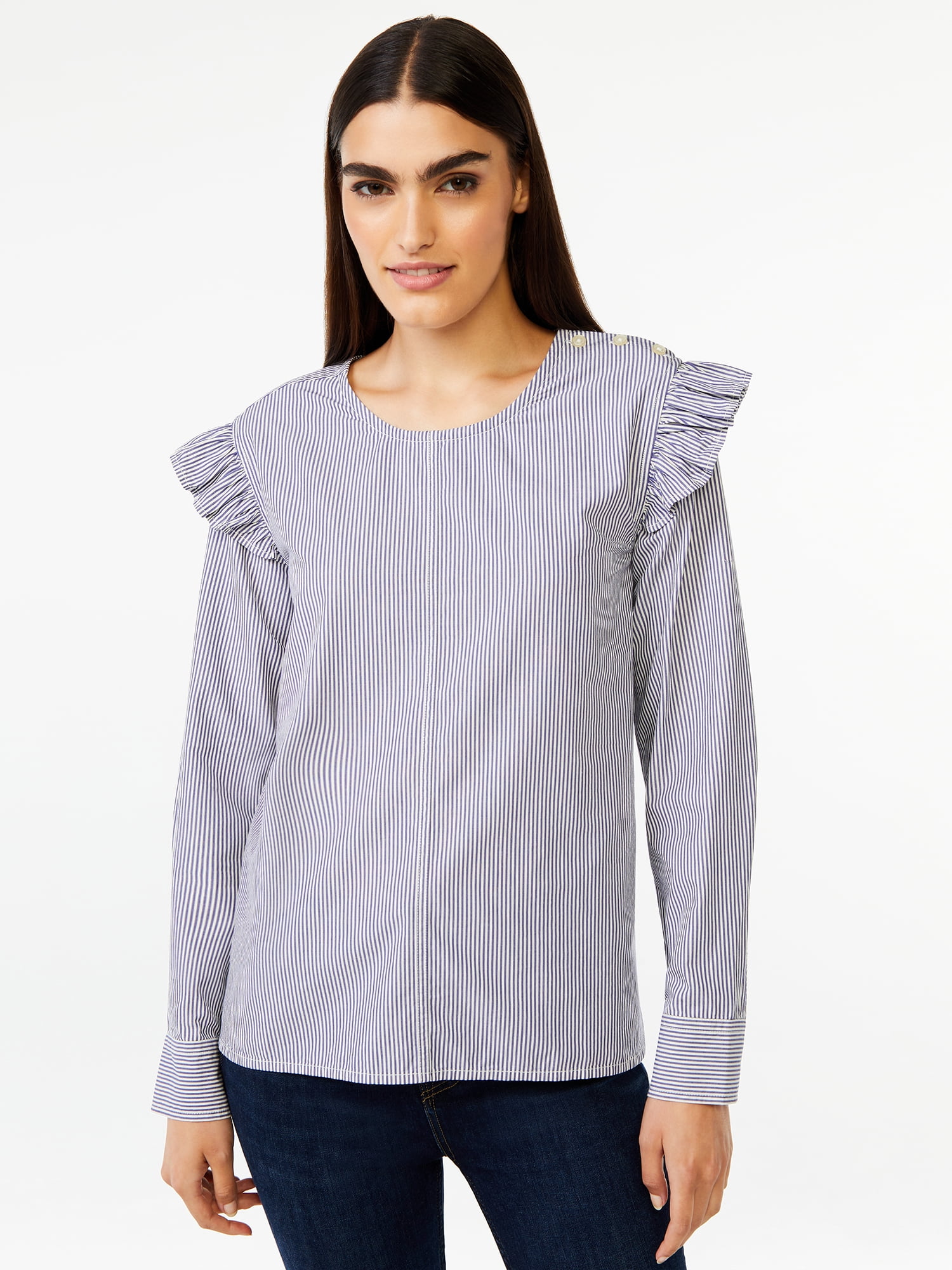 Free Assembly Women's Button Shoulder Blouse with Long Sleeves