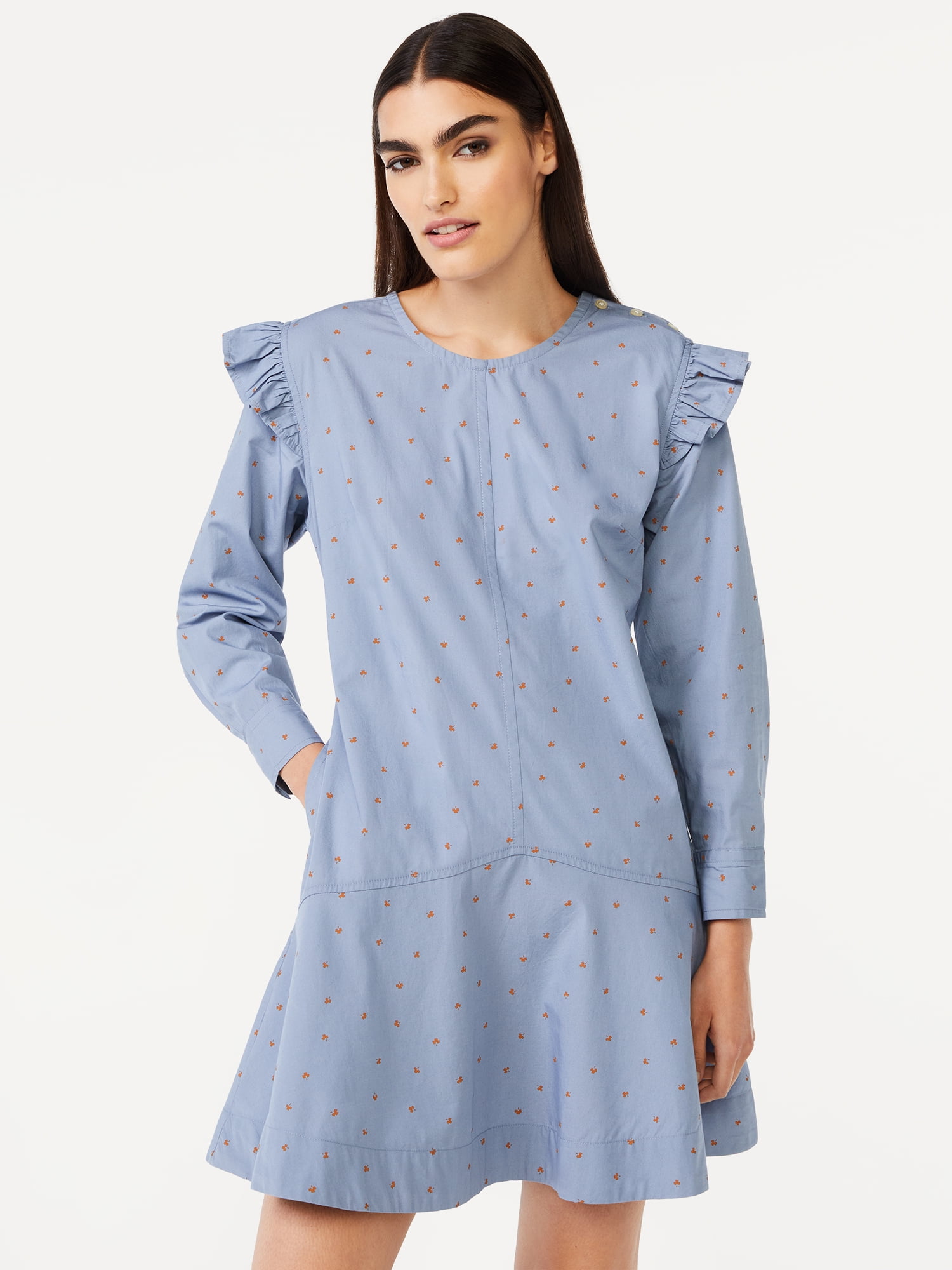 Long sleeve off shoulder button pocket mini dress