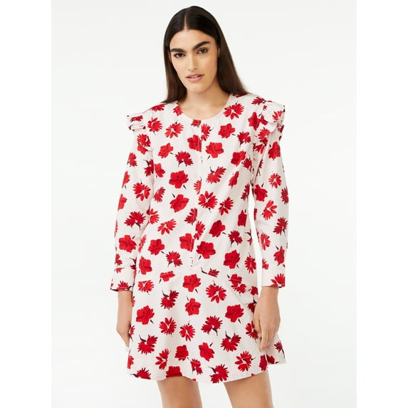 Free Assembly Women's Button Shoulder Mini Dress with Long Sleeves