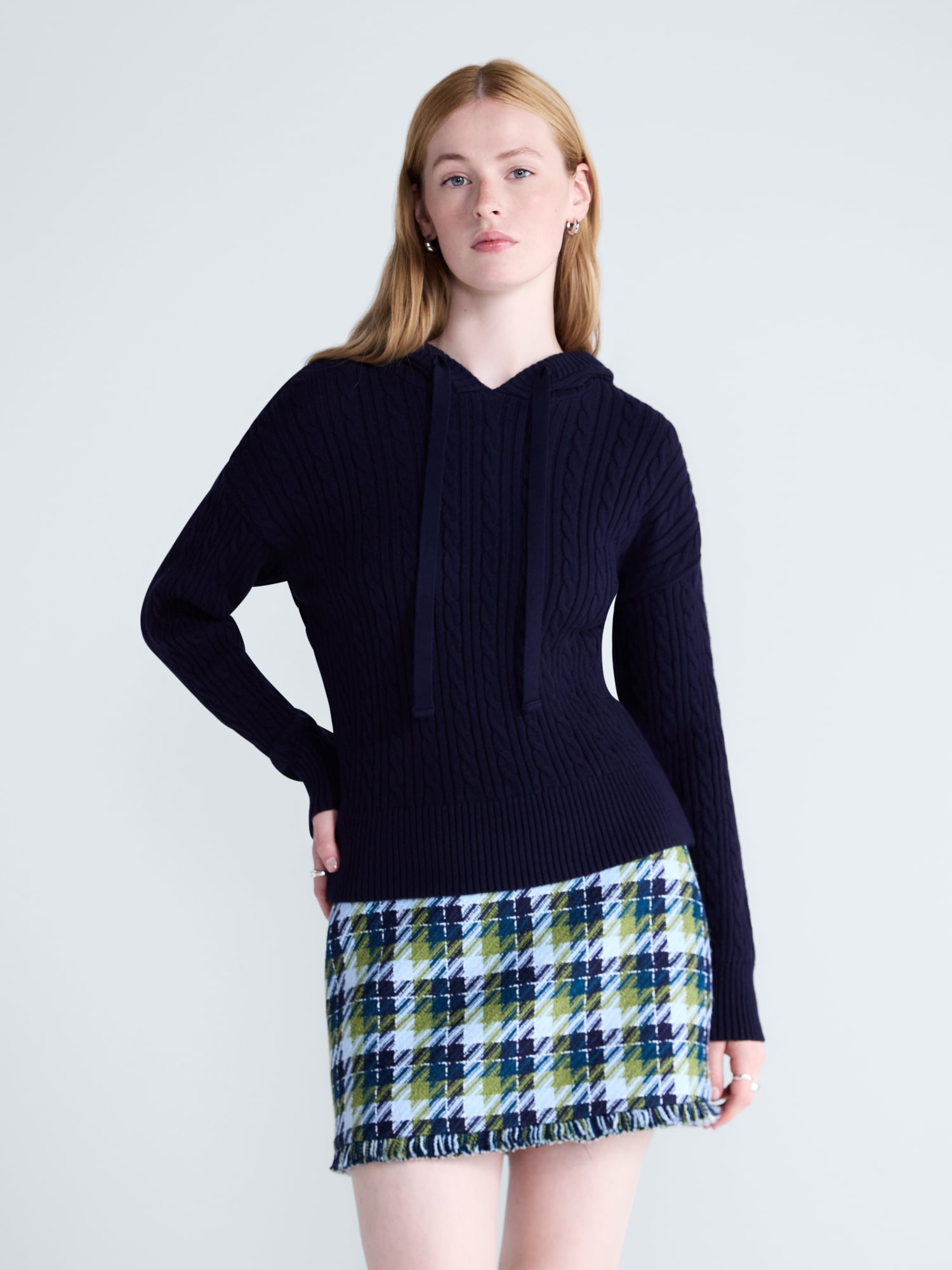 Free Assembly Women's and Women's Plus Cozy Yarn Cable Knit Hoodie Sweater, Midweight, Sizes XS-4X