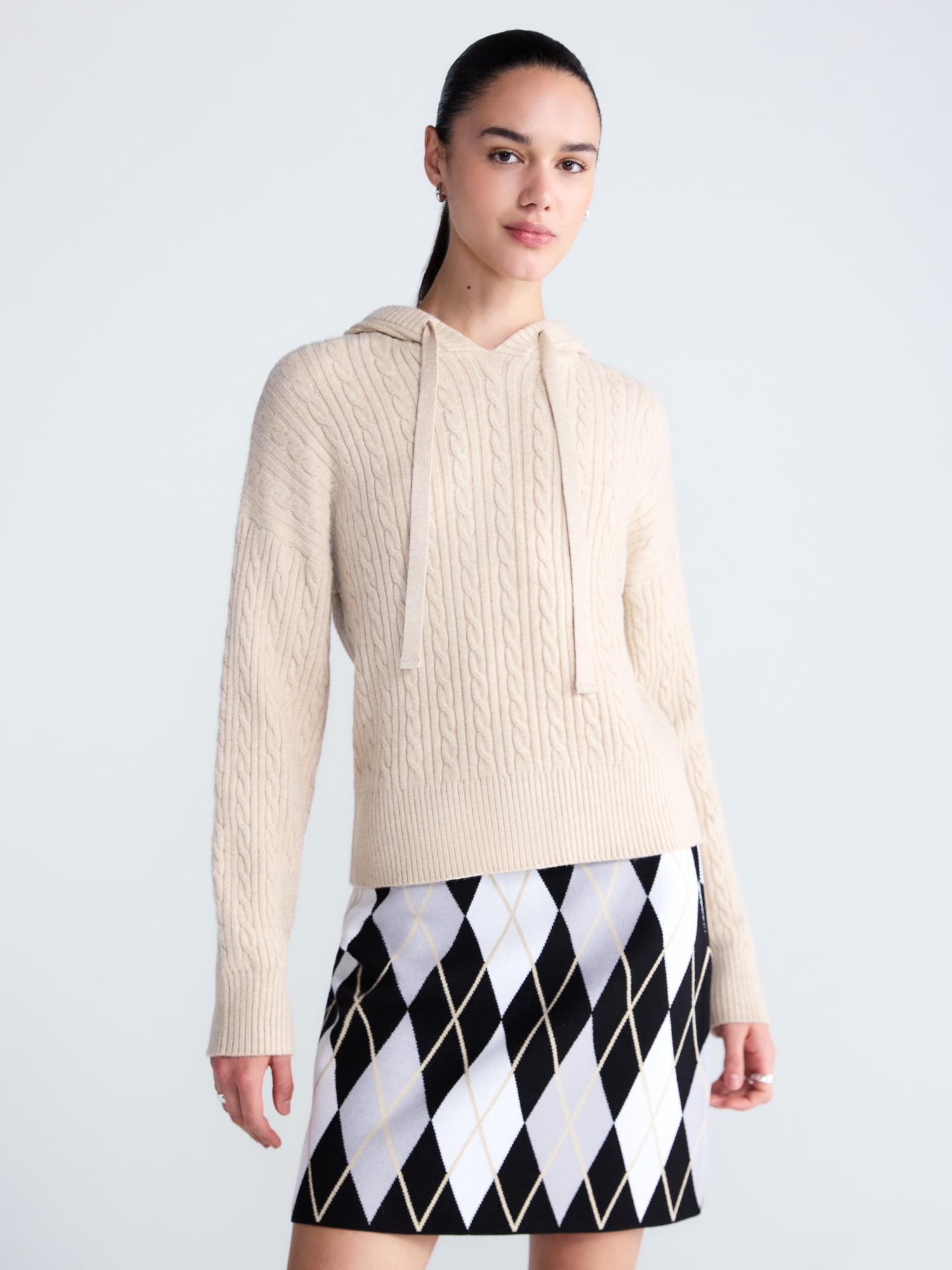 Free Assembly Women's and Women's Plus Cozy Yarn Cable Knit Hoodie Sweater, Midweight, Sizes XS-4X