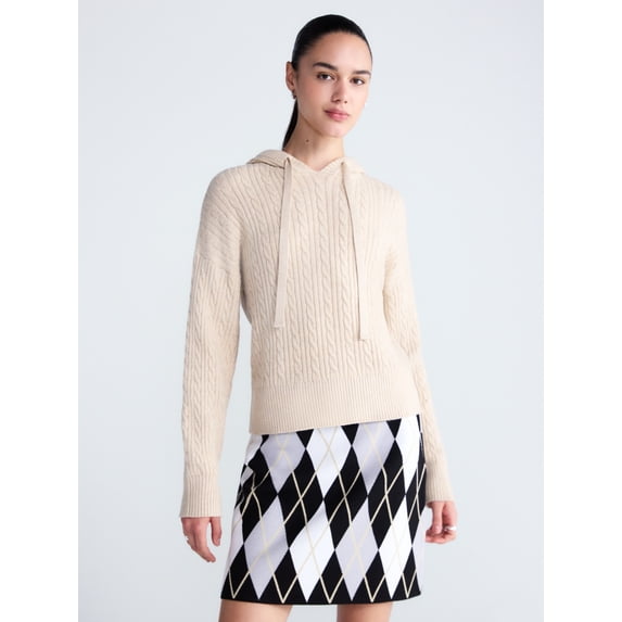 Free Assembly Women's and Women's Plus Cozy Yarn Cable Knit Hoodie Sweater, Midweight, Sizes XS-4X