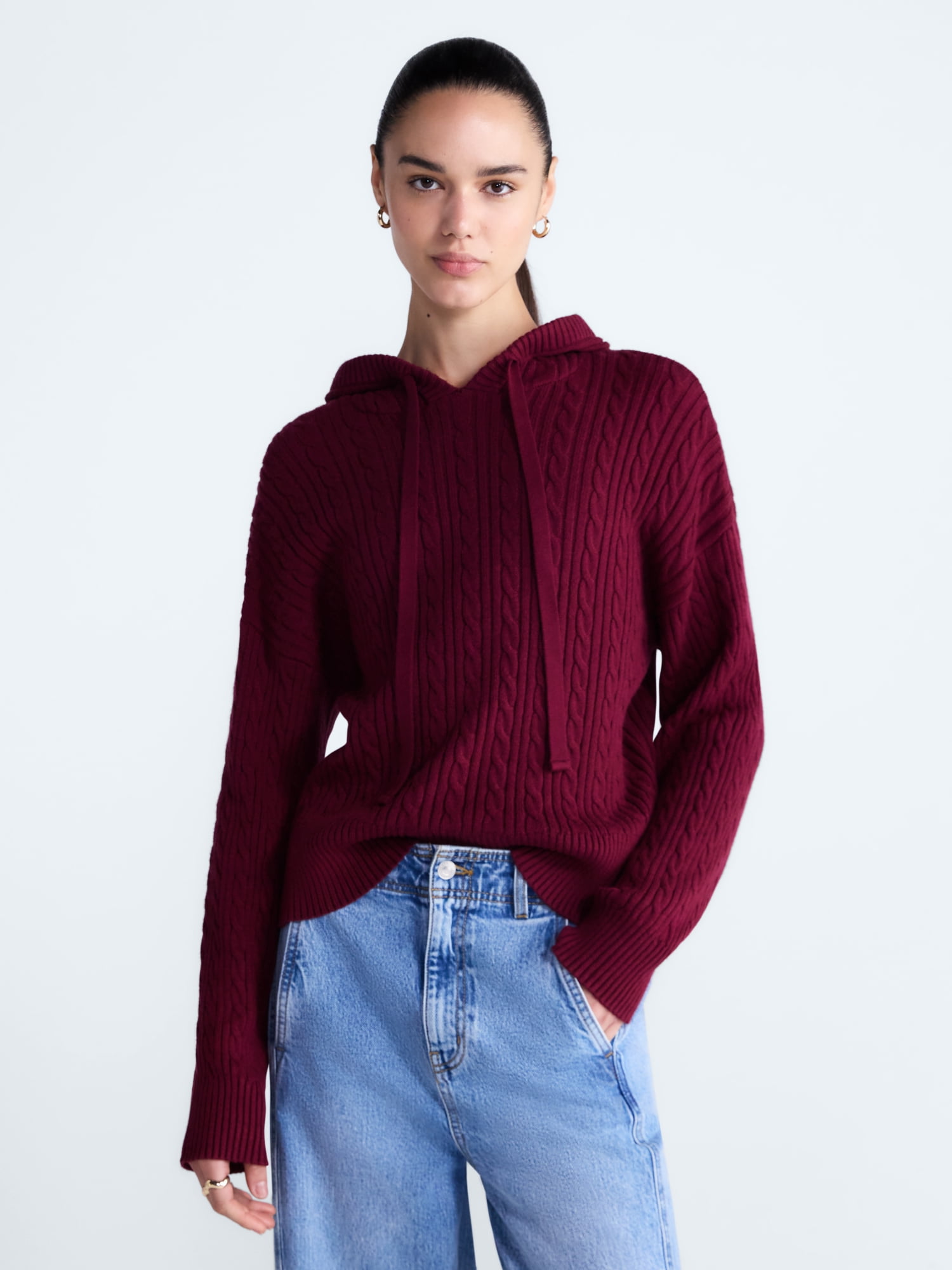 Free Assembly Women's and Women's Plus Cozy Yarn Cable Knit Hoodie Sweater, Midweight, Sizes XS-4X