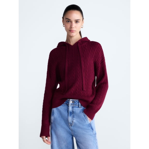 Free Assembly Women's and Women's Plus Cozy Yarn Cable Knit Hoodie Sweater, Midweight, Sizes XS-4X