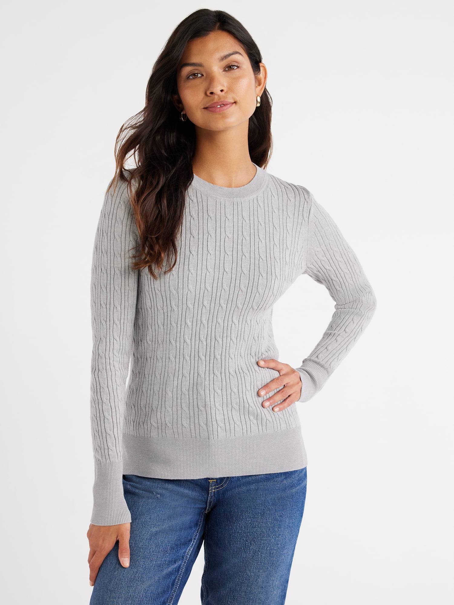 Free Assembly Women’s Cable Knit Crewneck Sweater, Midweight, Sizes XS ...