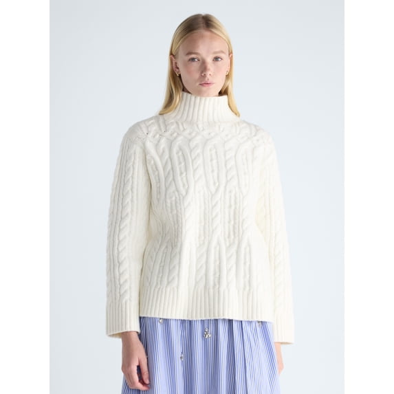 Free Assembly Women's Cable Knit Mock Neck Sweater, Midweight, Sizes XS-XXL