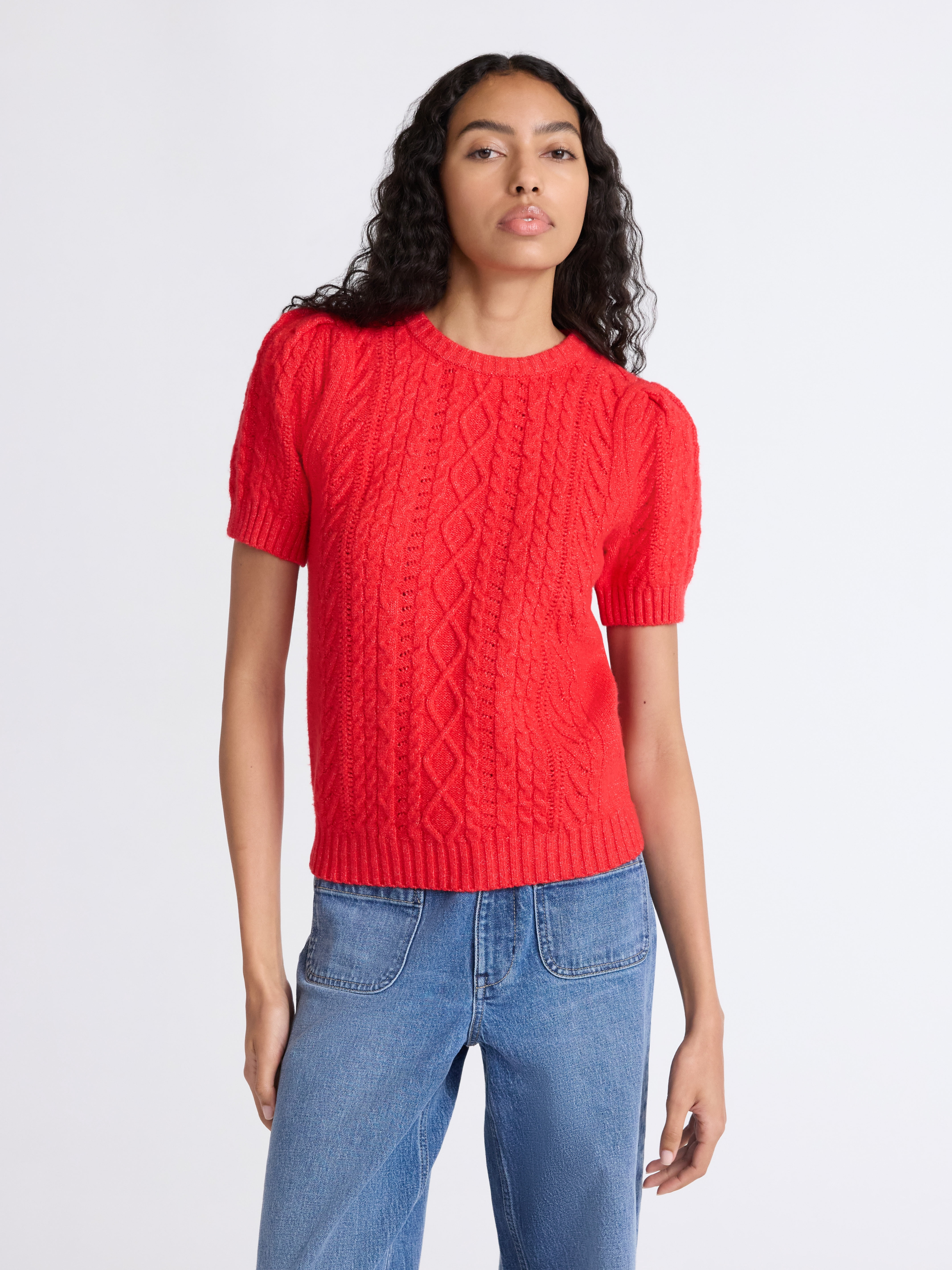 Free Assembly Women's Cable Knit Sweater with Short Puff Sleeves, Sizes XS-XXL