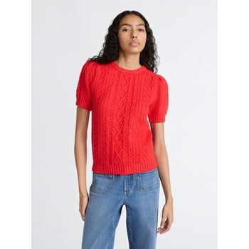 Free Assembly Women's Cable Knit Sweater with Short Puff Sleeves, Sizes XS-XXL
