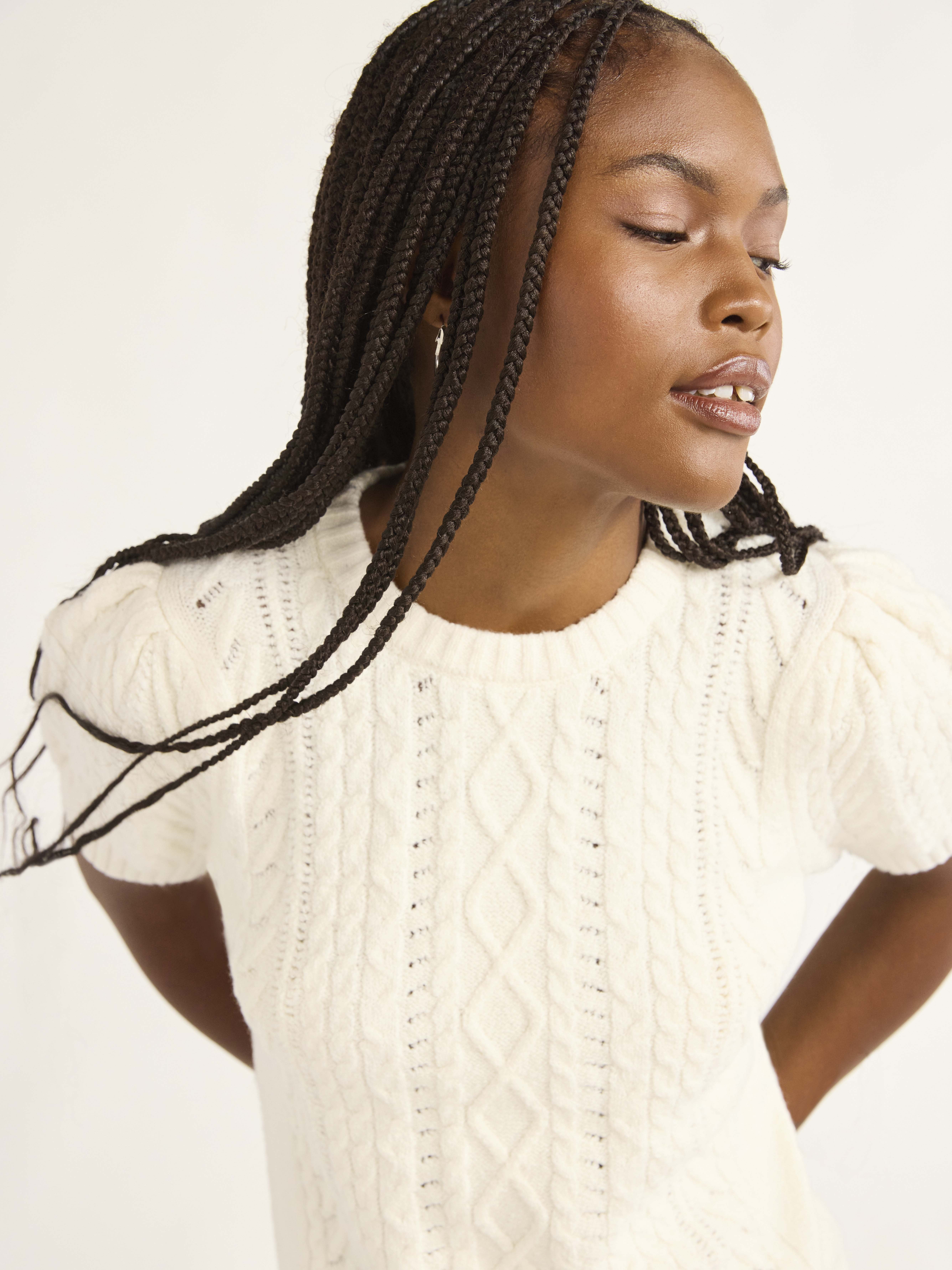 Free Assembly Women's Cable Knit Sweater with Short Puff Sleeves