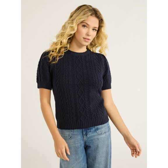 Free Assembly Women's Cable Knit Sweater with Short Puff Sleeves, Sizes XS-XXL