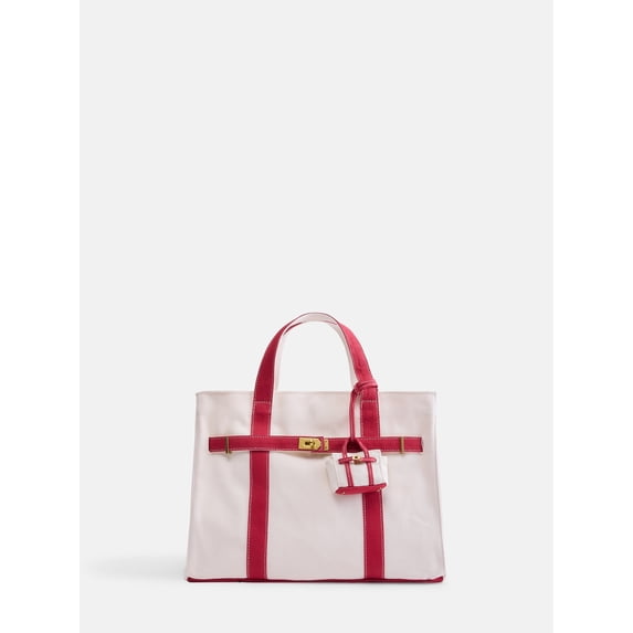 Free Assembly Women's Canvas Tote Handbag with Tote Charm, Natural with Red