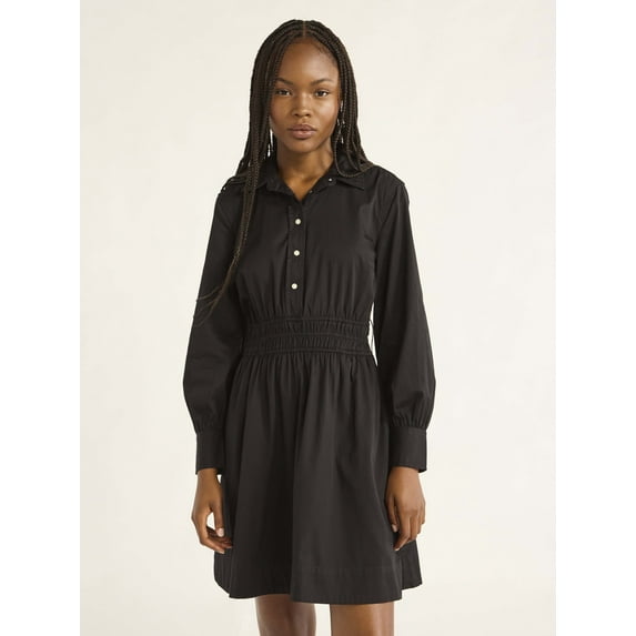 Free Assembly Women's Cotton A Line Dress with Long Sleeves, Sizes XS-XXXL