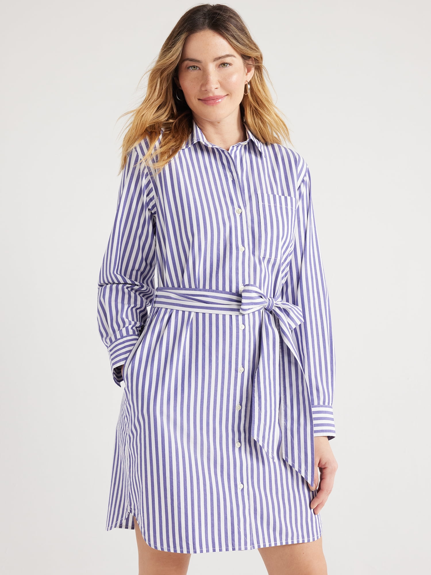Free Assembly Women’s Cotton Belted Shirtdress with Long Sleeves, Sizes ...