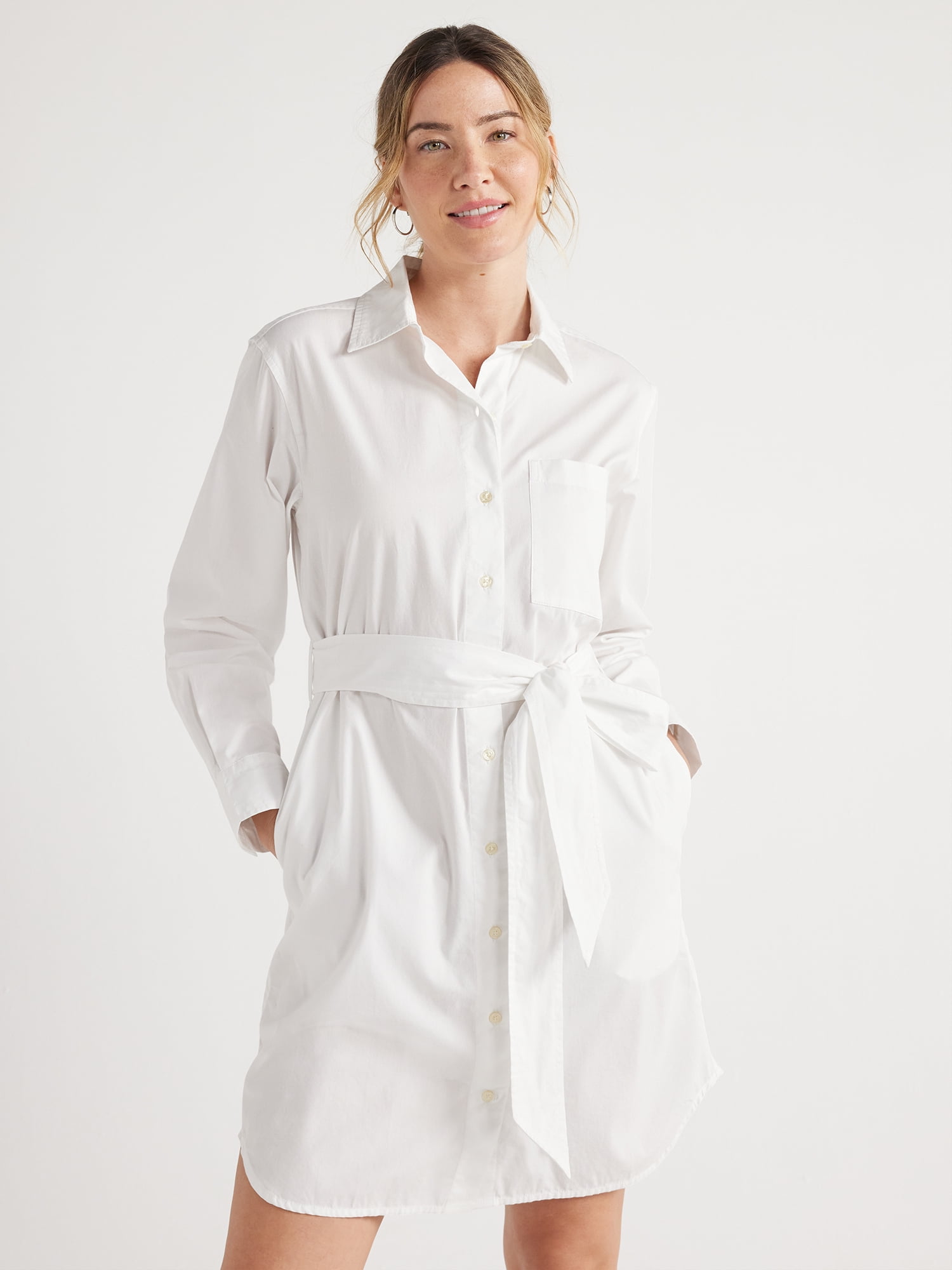 Free Assembly Women’s Cotton Belted Shirtdress with Long Sleeves, Sizes ...