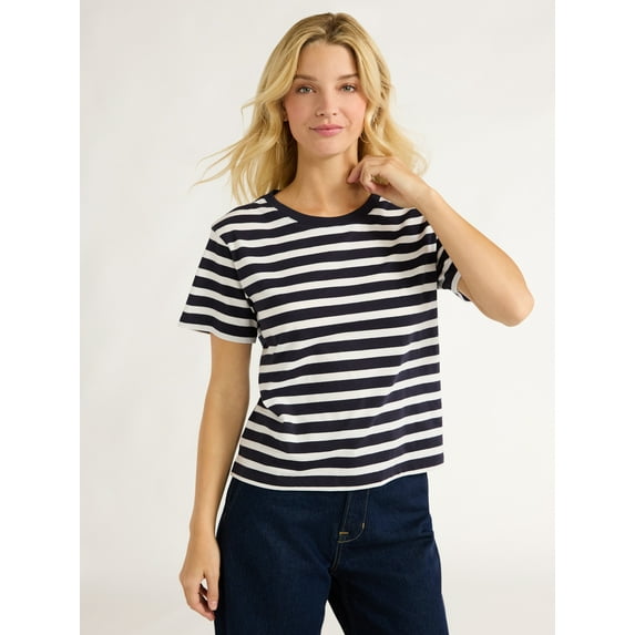 Free Assembly Women's Cotton Cropped Boxy Tee with Short Sleeves, Sizes XS-XXL
