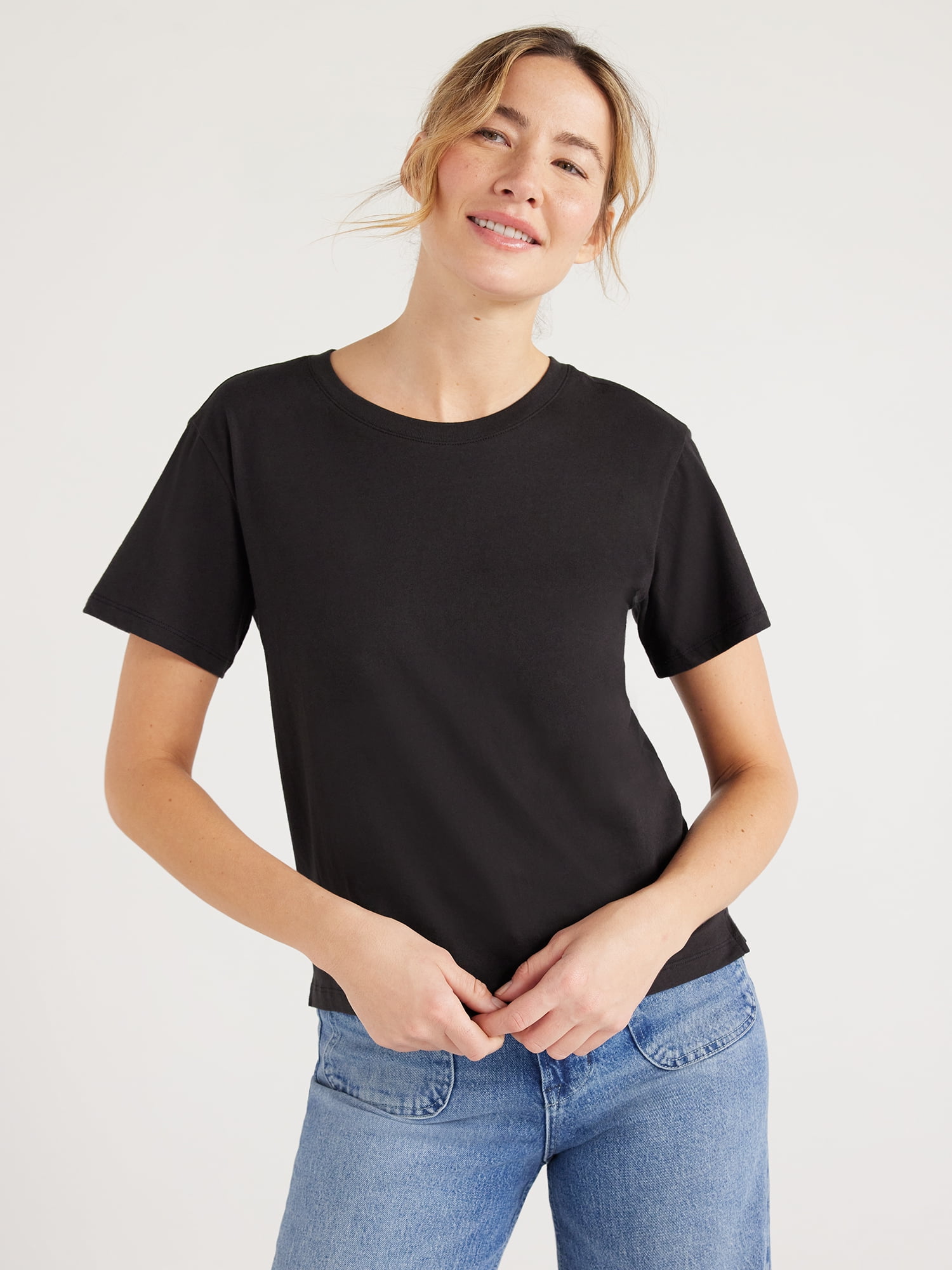 Free Assembly Women's Cotton Cropped Boxy Tee with Short Sleeves