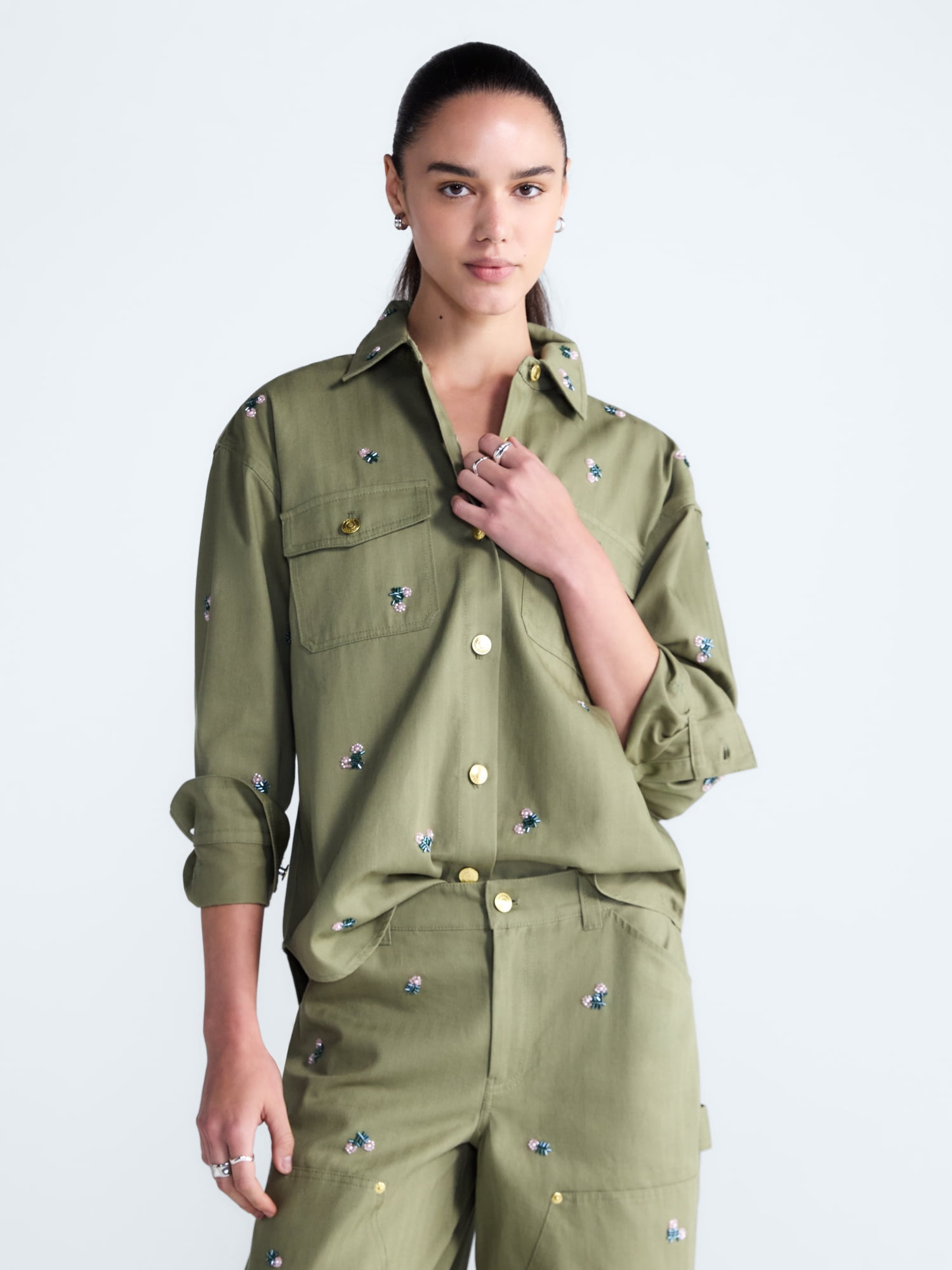 Free Assembly Women's Embellished Cotton Utility Shirt With Long Sleeves, Sizes XS-XXL