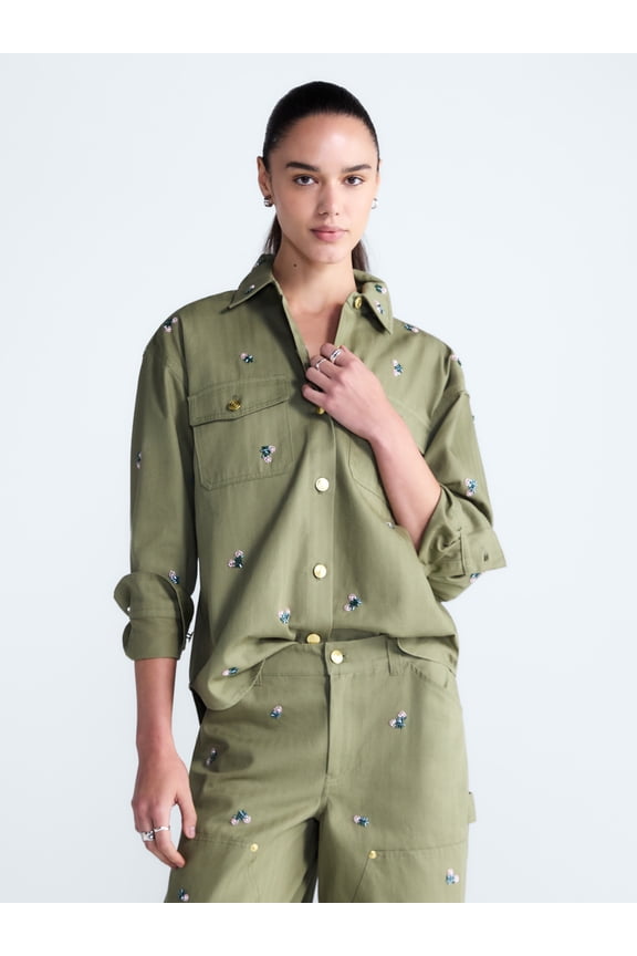 Women's Embellished Cotton Utility Shirt With Long Sleeves, Sizes XS-XXL