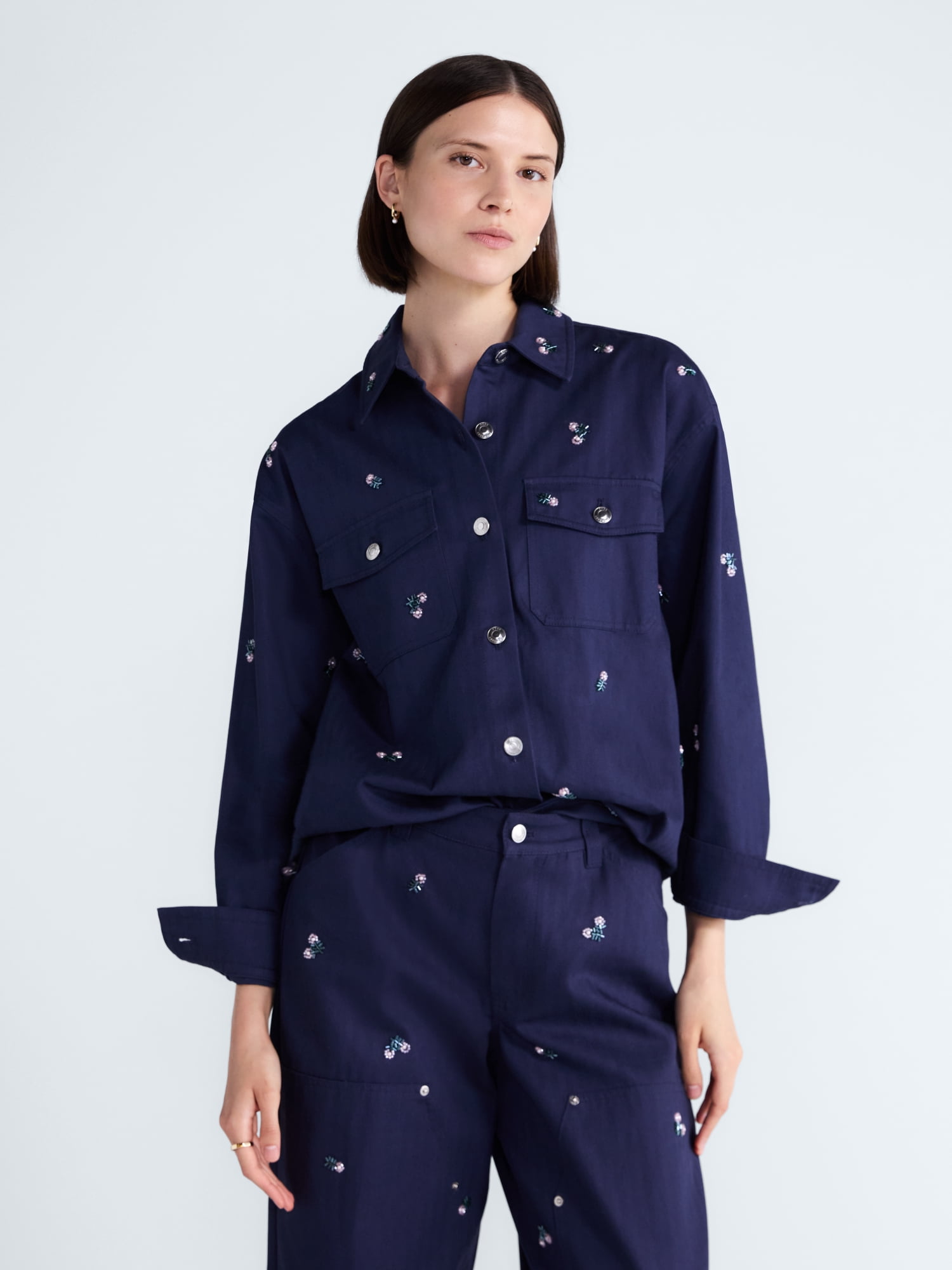 Free Assembly Women's Embellished Cotton Utility Shirt With Long Sleeves, Sizes XS-XXL