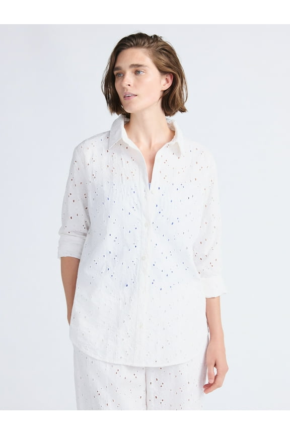 Women's Cotton Eyelet Coverup Tunic Shirt, Sizes XXS-XXL