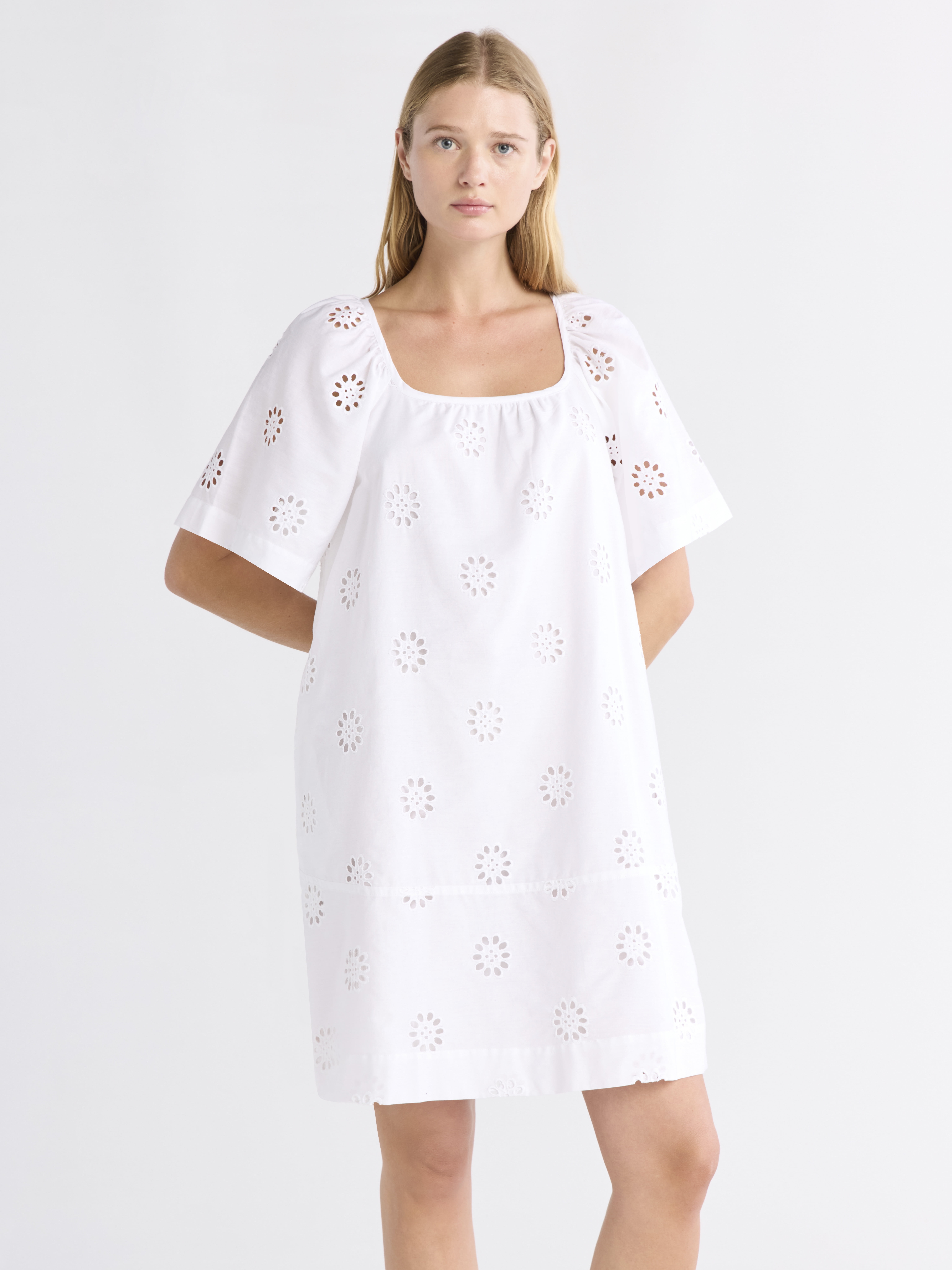 Free Assembly Women's Square Neck Eyelet Mini Dress with Short Sleeves, Sizes XS-XXL