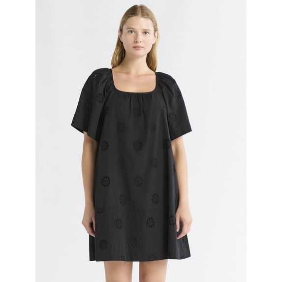 Free Assembly Women's Square Neck Eyelet Mini Dress with Short Sleeves, Sizes XS-XXL
