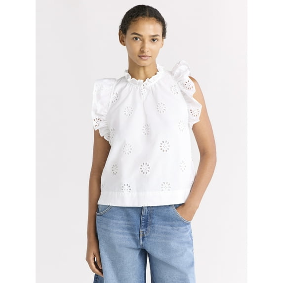 Free Assembly Women's Cotton Eyelet Top with Flutter Sleeves, Sizes XS-XXL