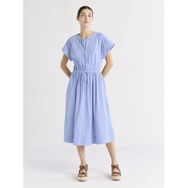 Free Assembly Women's Cotton Midi Shirtdress with Drawstring Waist, Sizes XS-XXL