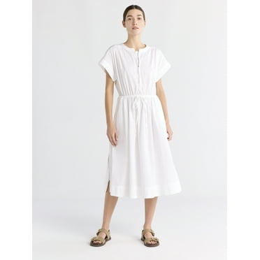 Free Assembly Women's Cotton Midi Shirtdress with Drawstring Waist, Sizes XS-XXL