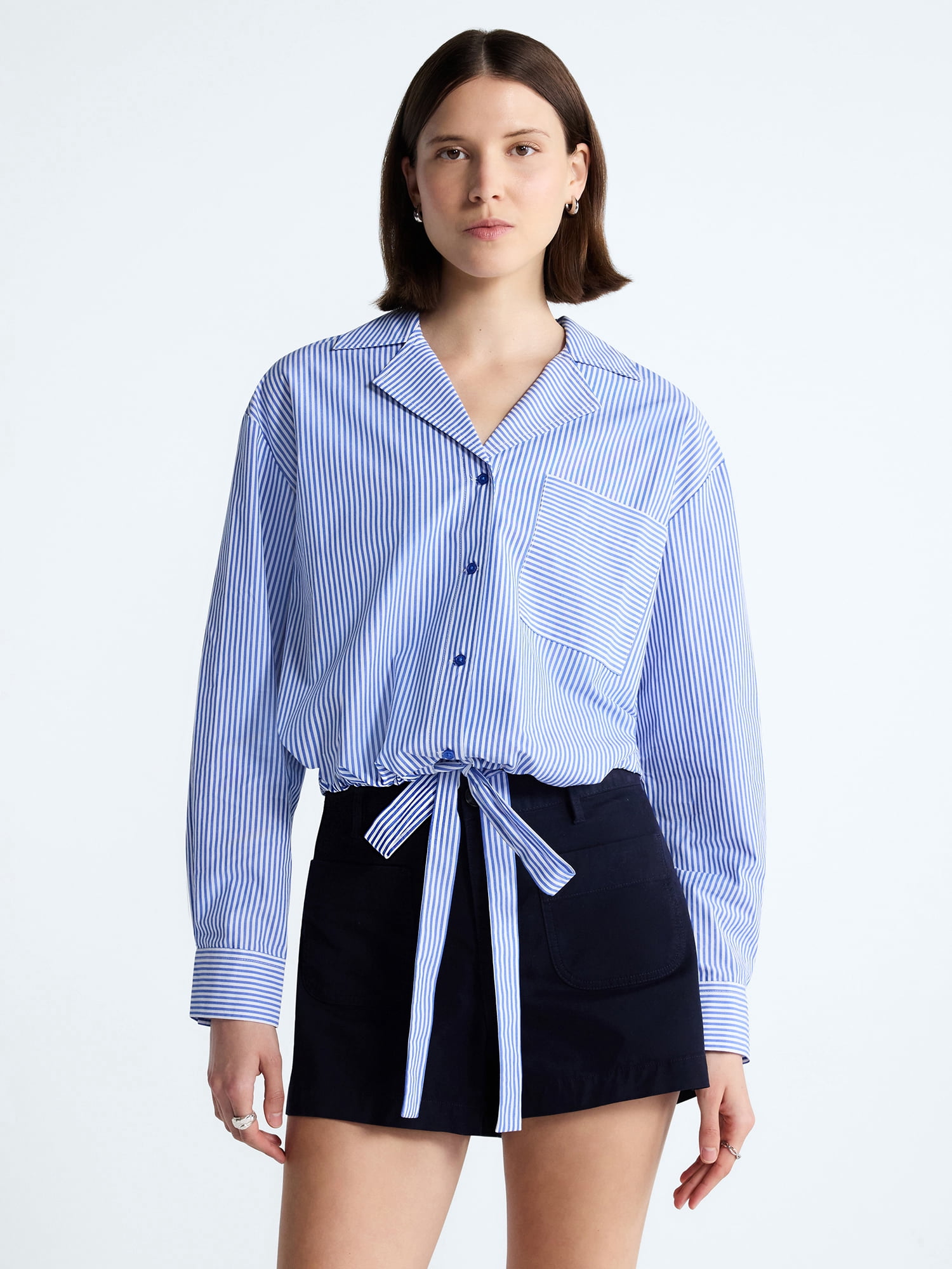 Free Assembly Women's and Women's Plus Cotton Poplin Tie Waist Shirt with Long Sleeves, Sizes XS-4X